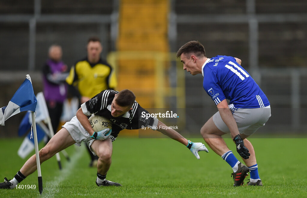 15 October 2017; Michael Metzger of Magheracloone in action against Shane Carey of Scotstown during the Monaghan County Senior Football Championship Final match between Magheracloone and Scotstown at St Tiernach's Park in Monaghan. Photo by Philip Fitzpatrick/Sportsfile