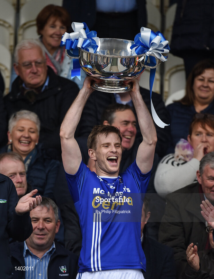 15 October 2017; Scotstown captain Donal Morgan lifts the Mick Duffy Cup after the Monaghan County Senior Football Championship Final match between Magheracloone and Scotstown at St Tiernach's Park in Monaghan. Photo by Philip Fitzpatrick/Sportsfile