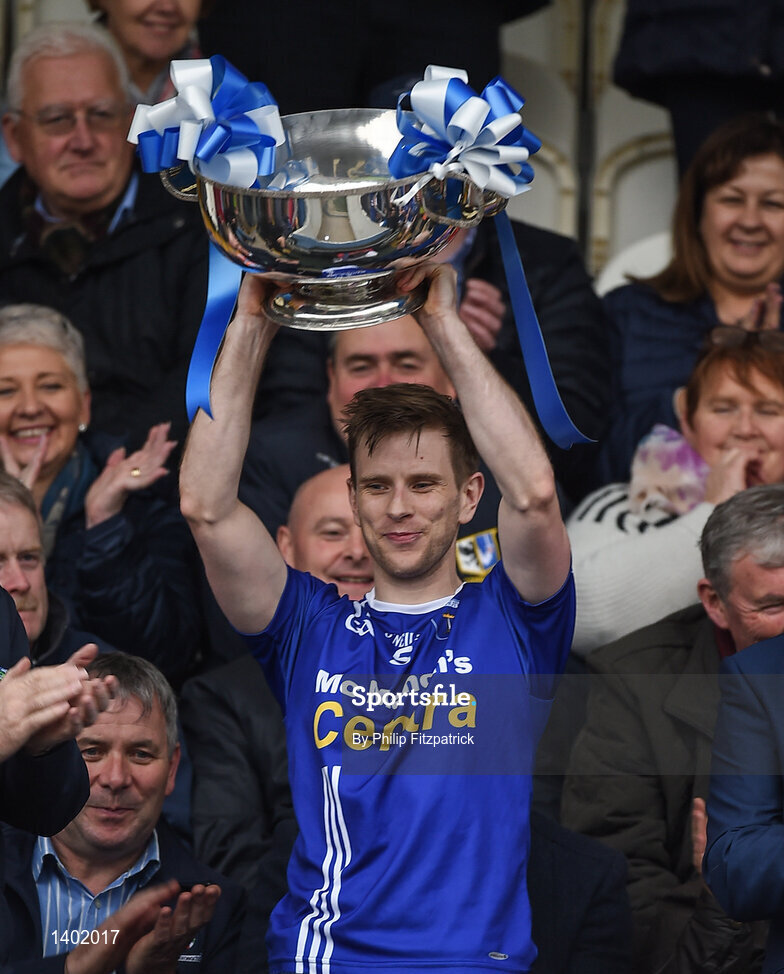 15 October 2017; Scotstown captain Donal Morgan lifts the Mick Duffy Cup after the Monaghan County Senior Football Championship Final match between Magheracloone and Scotstown at St Tiernach's Park in Monaghan. Photo by Philip Fitzpatrick/Sportsfile