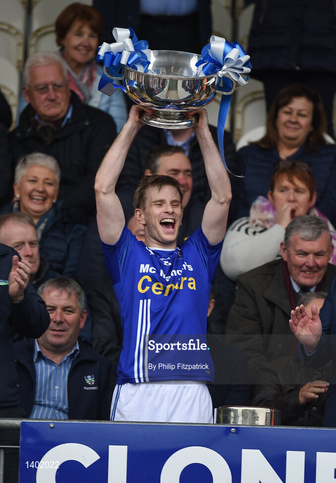 15 October 2017; Scotstown captain Donal Morgan lifts the Mick Duffy Cup after the Monaghan Senior Football Championship Final match between Magheracloone and Scotstown at St Tiernach's Park in Monaghan. Photo by Philip Fitzpatrick/Sportsfile