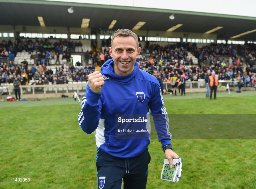 15 October 2017; Scotstown manager Kieran Donnelly celebrates after the Monaghan County Senior Football Championship Final match between Magheracloone and Scotstown at St Tiernach's Park in Monaghan. Photo by Philip Fitzpatrick/Sportsfile