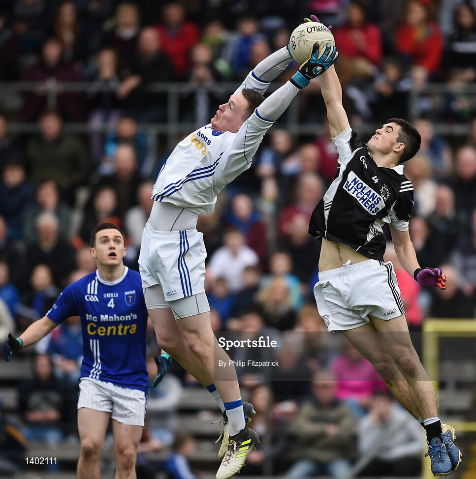 15 October 2017; Rory Beggan of Scotstown in action against Paudie McMahon of Magheracloone, during the Monaghan County Senior Football Championship Final match between Magheracloone and Scotstown at St Tiernach's Park in Monaghan. Photo by Philip Fitzpatrick/Sportsfile