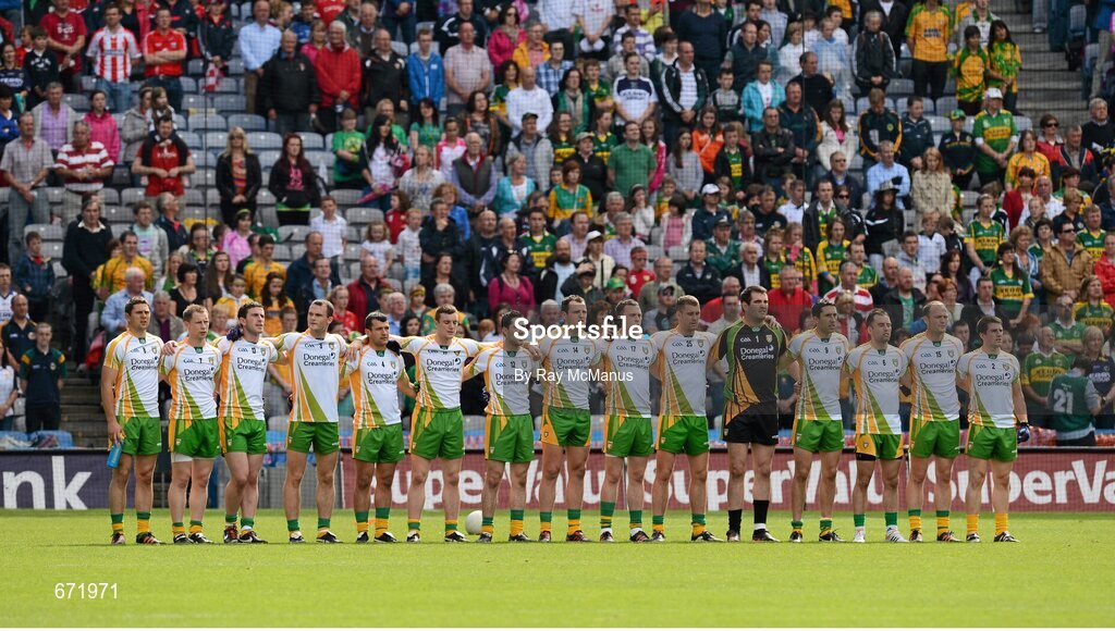 5 August 2012; The Donegal first 15 stand for the National Anthem. GAA Football All-Ireland Senior Championship Quarter-Final, Donegal v Kerry, Croke Park, Dublin. Picture credit: Ray McManus / SPORTSFILE