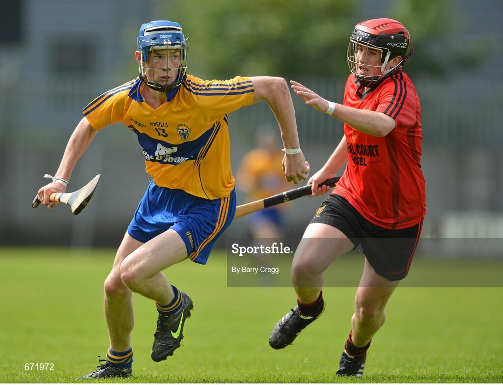 28 July 2012; Bobby Duggan, Clare, in action against Caolan Taggart, Down. Electric Ireland GAA Hurling Minor Championship Quarter-Final, Down v Clare, Cusack Park, Mullingar, Co. Westmeath. Picture credit: Barry Cregg / SPORTSFILE