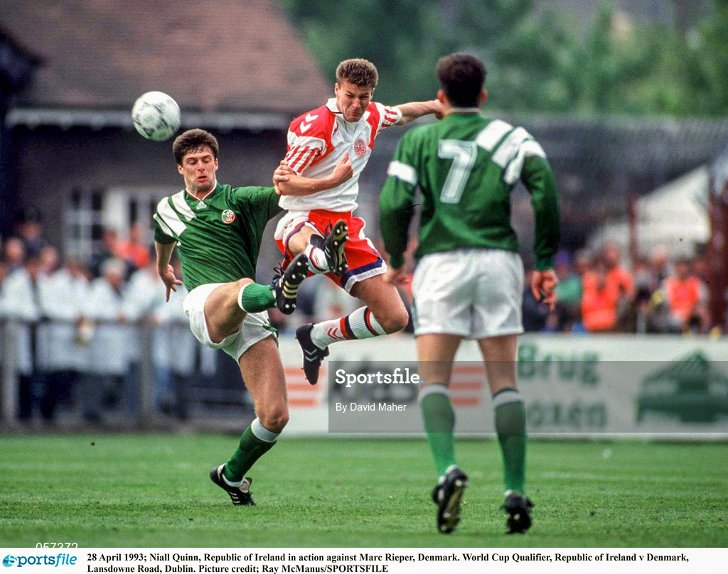 28 April 1993; Niall Quinn, Republic of Ireland in action against Marc Rieper, Denmark. World Cup Qualifier, Republic of Ireland v Denmark, Lansdowne Road, Dublin. Picture credit; David Maher/SPORTSFILE