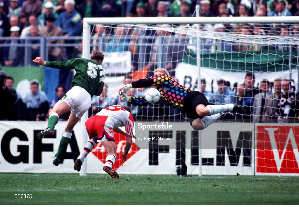 28 April 1993; Peter Schmeichel, Denmark goalkeeper, saves from Alan Kernaghan, Republic of Ireland. World Cup Qualifier, Republic of Ireland v Denmark, Lansdowne Road, Dublin. Picture credit; Ray McManus/SPORTSFILE