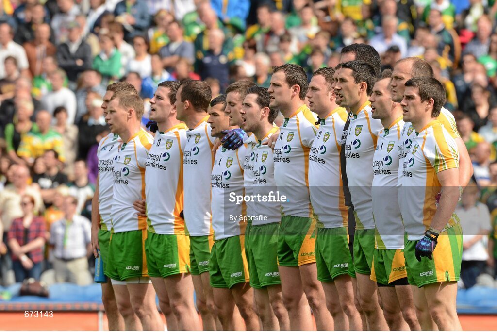 5 August 2012; The Donegal team stand for the National Anthem. GAA Football All-Ireland Senior Championship Quarter-Final, Donegal v Kerry, Croke Park, Dublin. Photo by Sportsfile