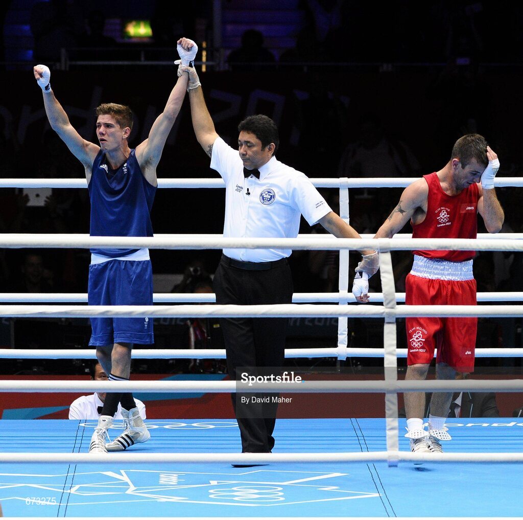 11 August 2012; John Joe Nevin, Ireland, reacts as Luke Campbell, Great Britain, is declared the winner at the end of their men's bantam 56kg final contest. London 2012 Olympic Games, Boxing, South Arena 2, ExCeL Arena, Royal Victoria Dock, London, England. Picture credit: David Maher / SPORTSFILE