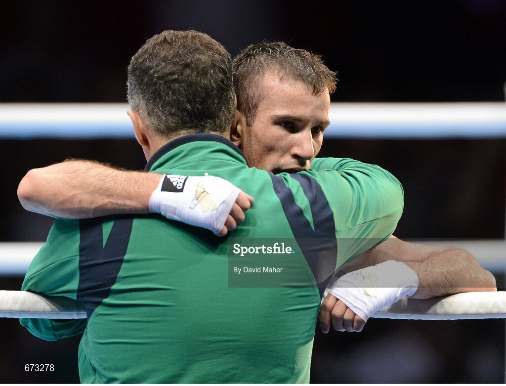 11 August 2012; John Joe Nevin, Ireland, is consoled by Team Ireland boxing head coach Billy Walsh after his men's bantam 56kg final contest. London 2012 Olympic Games, Boxing, South Arena 2, ExCeL Arena, Royal Victoria Dock, London, England. Picture credit: David Maher / SPORTSFILE