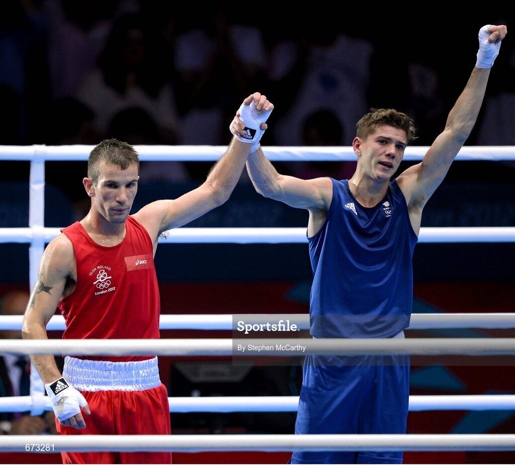 11 August 2012; John Joe Nevin, Ireland, and Luke Campbell, Great Britain, after their men's bantam 56kg final contest. London 2012 Olympic Games, Boxing, South Arena 2, ExCeL Arena, Royal Victoria Dock, London, England. Picture credit: Stephen McCarthy / SPORTSFILE