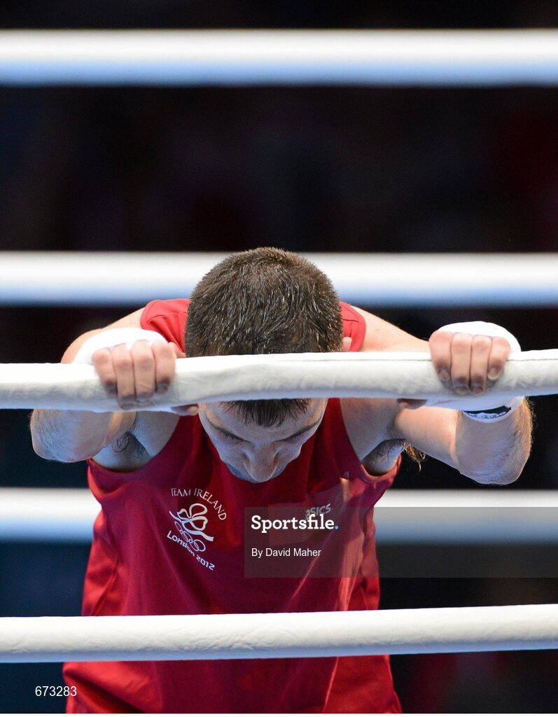 11 August 2012; John Joe Nevin, Ireland, reacts after Luke Campbell, Great Britain, was declared the winner at the end of their men's bantam 56kg final contest. London 2012 Olympic Games, Boxing, South Arena 2, ExCeL Arena, Royal Victoria Dock, London, England. Picture credit: David Maher / SPORTSFILE