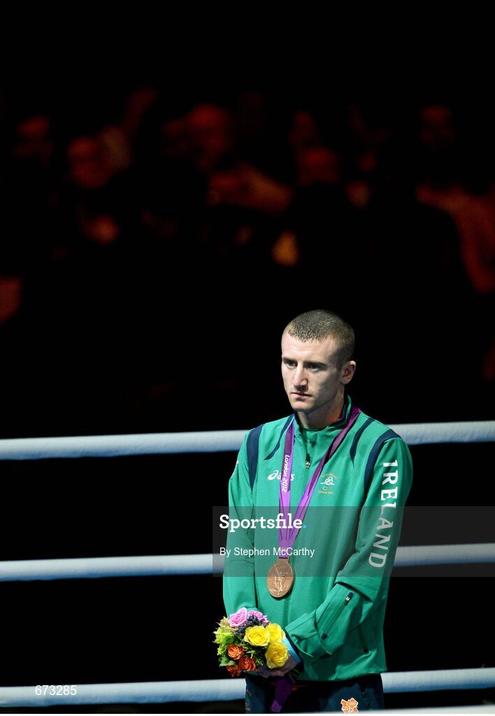 11 August 2012; Team Ireland's Paddy Barnes, men's light fly 49kg, with his Olympic bronze medal. London 2012 Olympic Games, Boxing, South Arena 2, ExCeL Arena, Royal Victoria Dock, London, England. Picture credit: Stephen McCarthy / SPORTSFILE