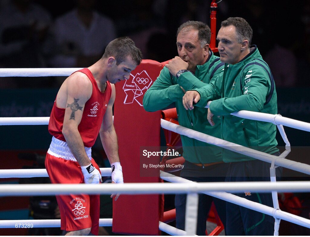 11 August 2012; John Joe Nevin, Ireland, makes his way to his corner after Luke Campbell, Great Britain, was declared the winner of their men's bantam 56kg final contest. London 2012 Olympic Games, Boxing, South Arena 2, ExCeL Arena, Royal Victoria Dock, London, England. Picture credit: Stephen McCarthy / SPORTSFILE