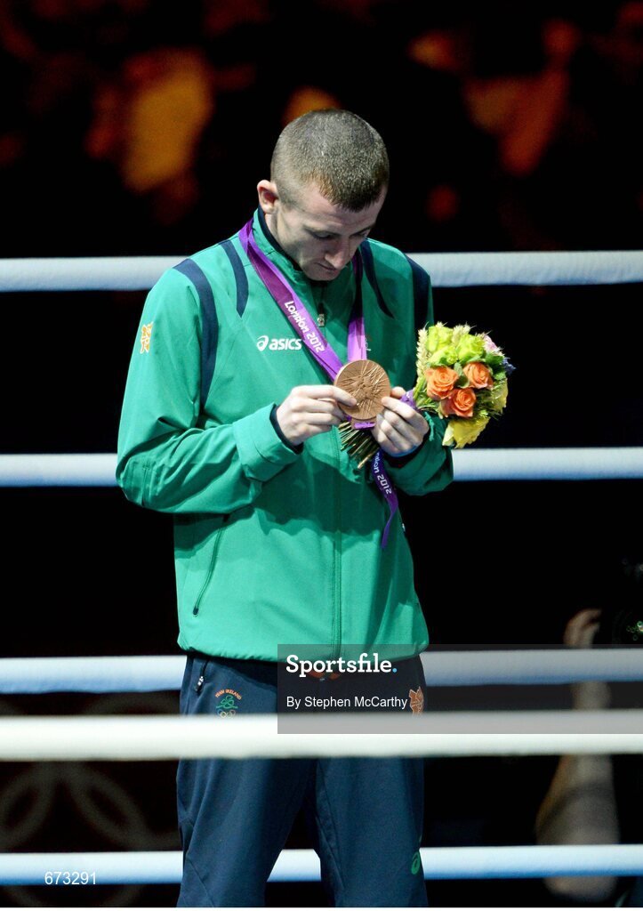 11 August 2012; Team Ireland's Paddy Barnes, men's light fly 49kg, with his Olympic bronze medal. London 2012 Olympic Games, Boxing, South Arena 2, ExCeL Arena, Royal Victoria Dock, London, England. Picture credit: Stephen McCarthy / SPORTSFILE