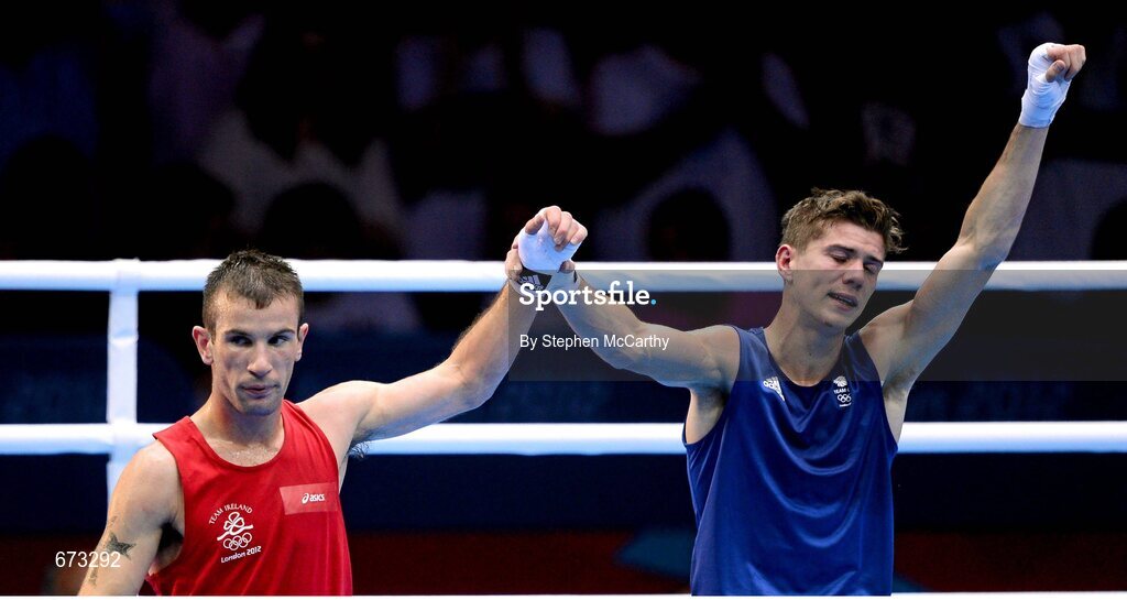 11 August 2012; John Joe Nevin, Ireland, and Luke Campbell, Great Britain, after their men's bantam 56kg final contest. London 2012 Olympic Games, Boxing, South Arena 2, ExCeL Arena, Royal Victoria Dock, London, England. Picture credit: Stephen McCarthy / SPORTSFILE