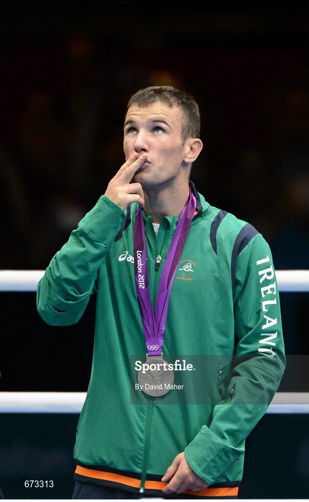 11 August 2012; Team Ireland's John Joe Nevin, men's bantam 56kg, celebrates after being presented with his Olympic silver medal. London 2012 Olympic Games, Boxing, South Arena 2, ExCeL Arena, Royal Victoria Dock, London, England. Picture credit: David Maher / SPORTSFILE