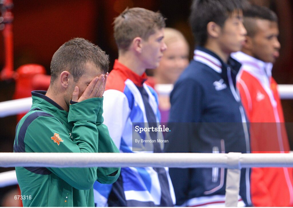 11 August 2012; Team Ireland's John Joe Nevin, men's bantam 56kg, awaits the medal presentation. London 2012 Olympic Games, Boxing, South Arena 2, ExCeL Arena, Royal Victoria Dock, London, England. Picture credit: Brendan Moran / SPORTSFILE