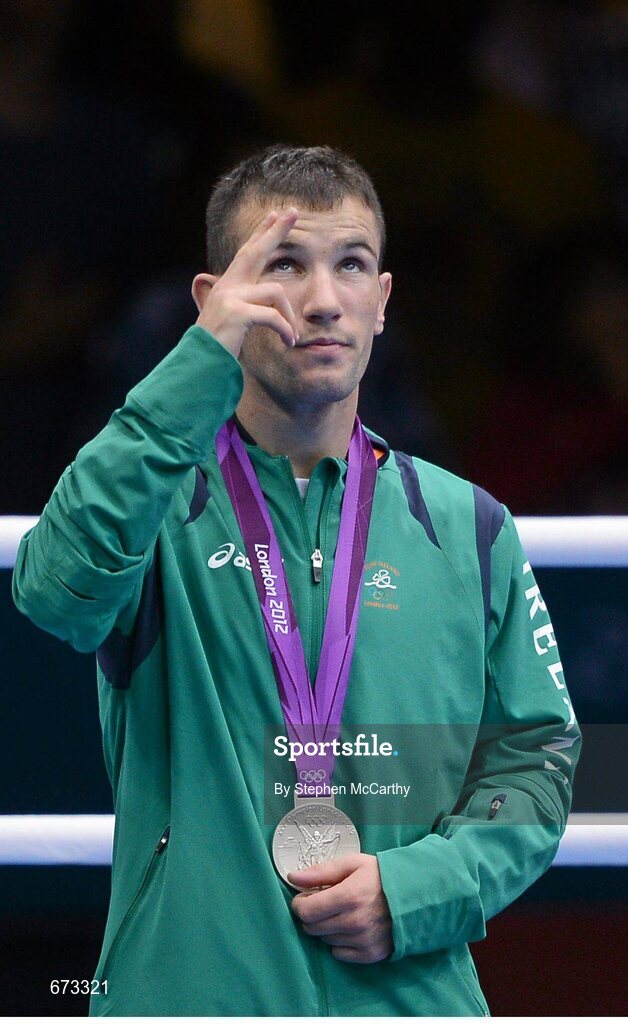 11 August 2012; Team Ireland's John Joe Nevin, men's bantam 56kg, looks to the sky after being presented with his Olympic silver medal. London 2012 Olympic Games, Boxing, South Arena 2, ExCeL Arena, Royal Victoria Dock, London, England. Picture credit: Stephen McCarthy / SPORTSFILE