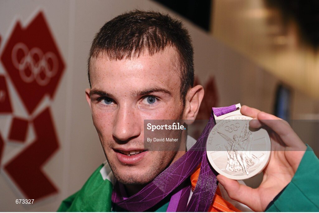11 August 2012; Team Ireland's John Joe Nevin, men's bantam 56kg, celebrates with his Olympic silver medal. London 2012 Olympic Games, Boxing, South Arena 2, ExCeL Arena, Royal Victoria Dock, London, England. Picture credit: David Maher / SPORTSFILE