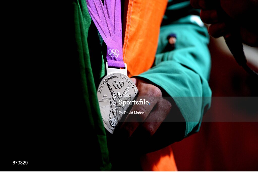11 August 2012; Team Ireland's John Joe Nevin, men's bantam 56kg, holds his Olympic silver medal. London 2012 Olympic Games, Boxing, South Arena 2, ExCeL Arena, Royal Victoria Dock, London, England. Picture credit: David Maher / SPORTSFILE