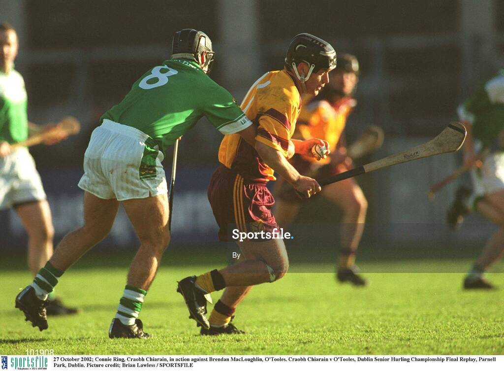 27 October 2002; Connie Ring, Craobh Chiarain, in action against Brendan MacLoughlin, O'Tooles. Craobh Chiarain v O'Tooles, Dublin Senior Hurling Championship Final Replay, Parnell Park, Dublin. Picture credit; Brian Lawless / SPORTSFILE