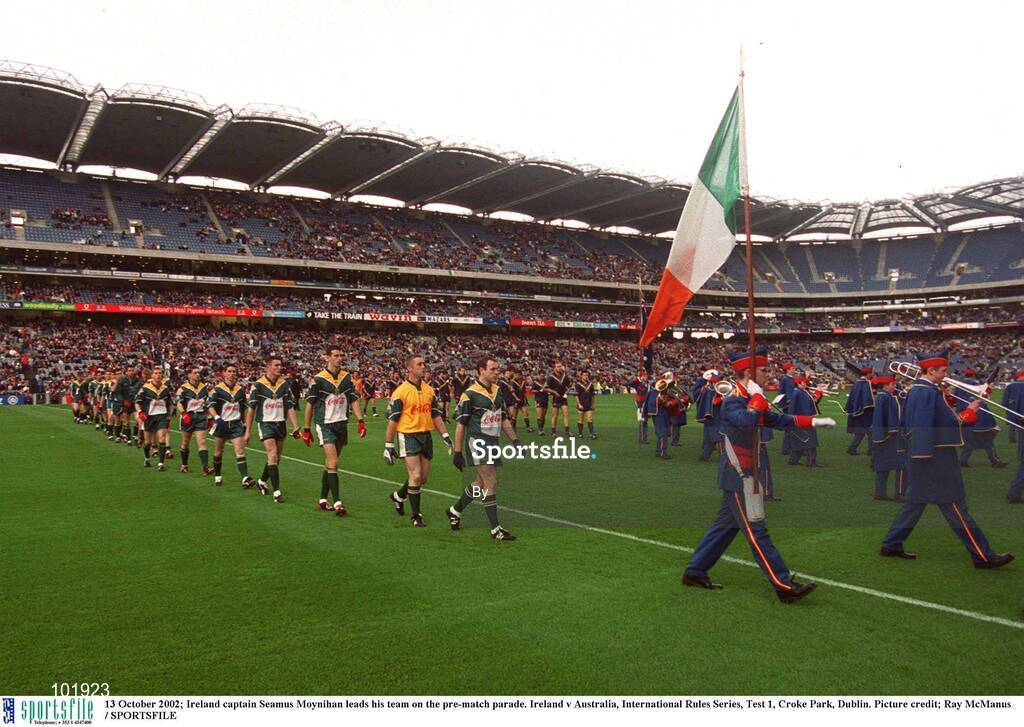 13 October 2002; Ireland captain Seamus Moynihan leads his team on the pre-match parade. Ireland v Australia, International Rules Series, Test 1, Croke Park, Dublin. Picture credit; Ray McManus / SPORTSFILE