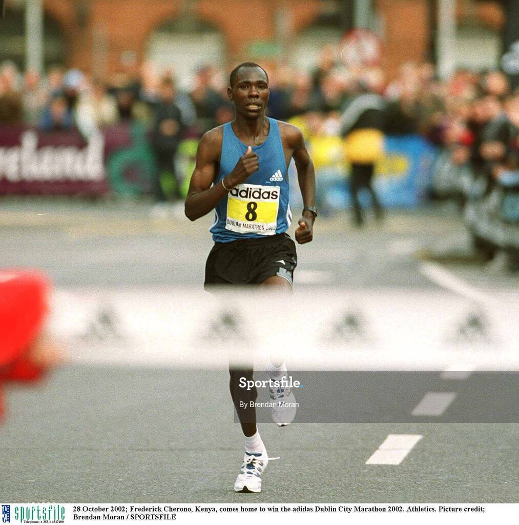 28 October 2002; Frederick Cherono, Kenya, comes home to win the adidas Dublin City Marathon 2002. Athletics. Picture credit; Brendan Moran / SPORTSFILE