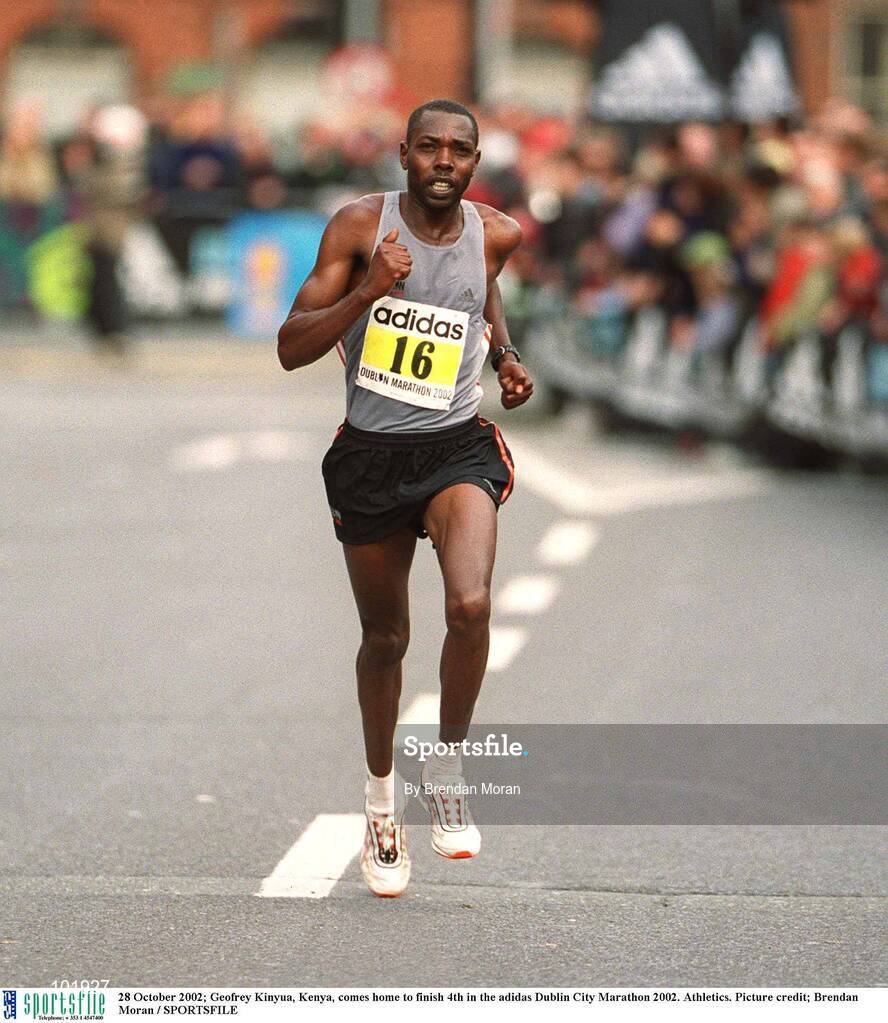 28 October 2002; Geofrey Kinyua, Kenya, comes home to finish 4th in the adidas Dublin City Marathon 2002. Athletics. Picture credit; Brendan Moran / SPORTSFILE