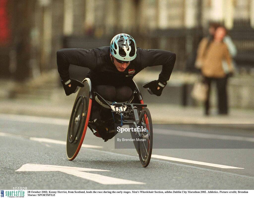 28 October 2002; Kenny Herriot, from Scotland, leads the race during the early stages. Men's Wheelchair Section, adidas Dublin City Marathon 2002. Athletics. Picture credit; Brendan Moran / SPORTSFILE