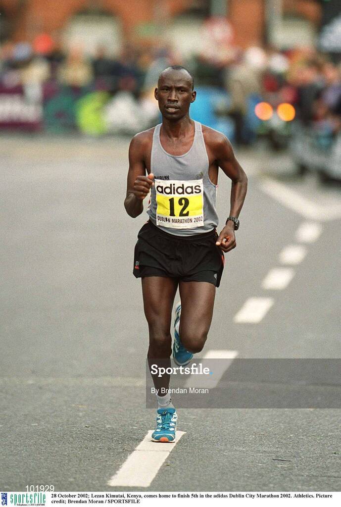 28 October 2002; Lezan Kimutai, Kenya, comes home to finish 5th in the adidas Dublin City Marathon 2002. Athletics. Picture credit; Brendan Moran / SPORTSFILE