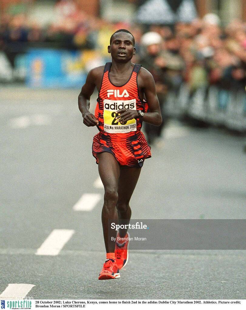 28 October 2002; Luka Cherono, Kenya, comes home to finish 2nd in the adidas Dublin City Marathon 2002. Athletics. Picture credit; Brendan Moran / SPORTSFILE