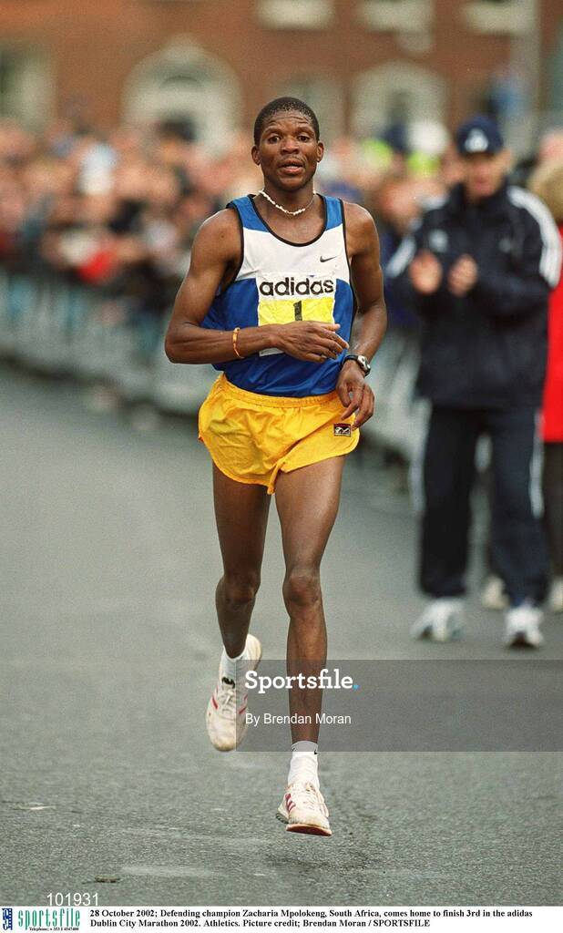28 October 2002; Defending champion Zacharia Mpolokeng, South Africa, comes home to finish 3rd in the adidas Dublin City Marathon 2002. Athletics. Picture credit; Brendan Moran / SPORTSFILE