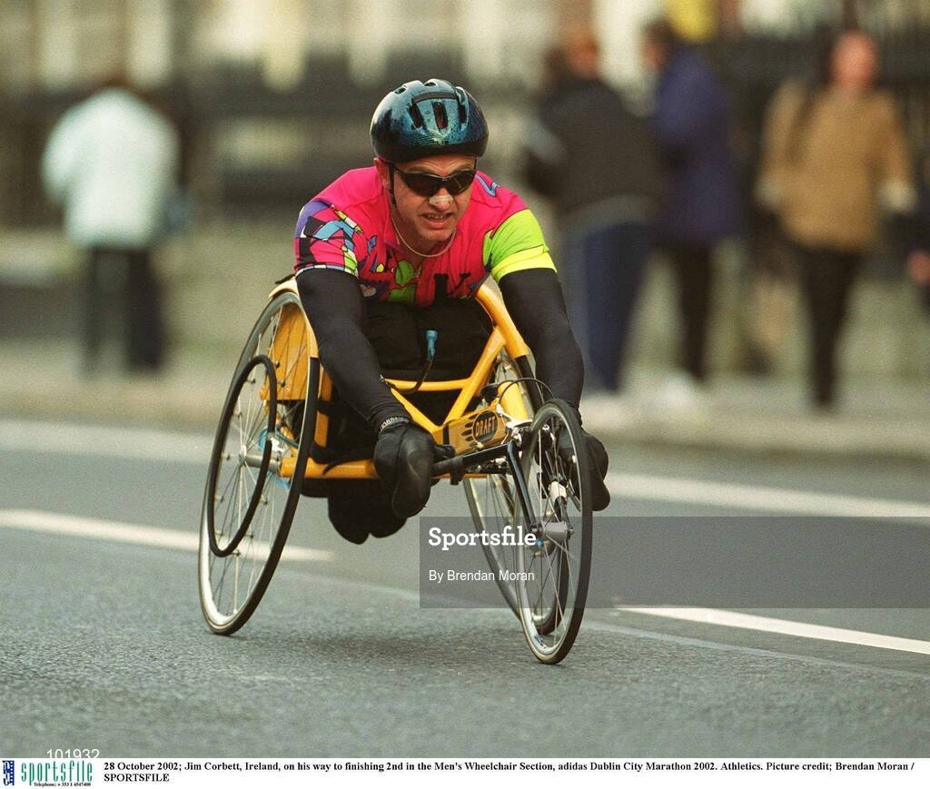 28 October 2002; Jim Corbett, Ireland, on his way to finishing 2nd in the Men's Wheelchair Section, adidas Dublin City Marathon 2002. Athletics. Picture credit; Brendan Moran / SPORTSFILE