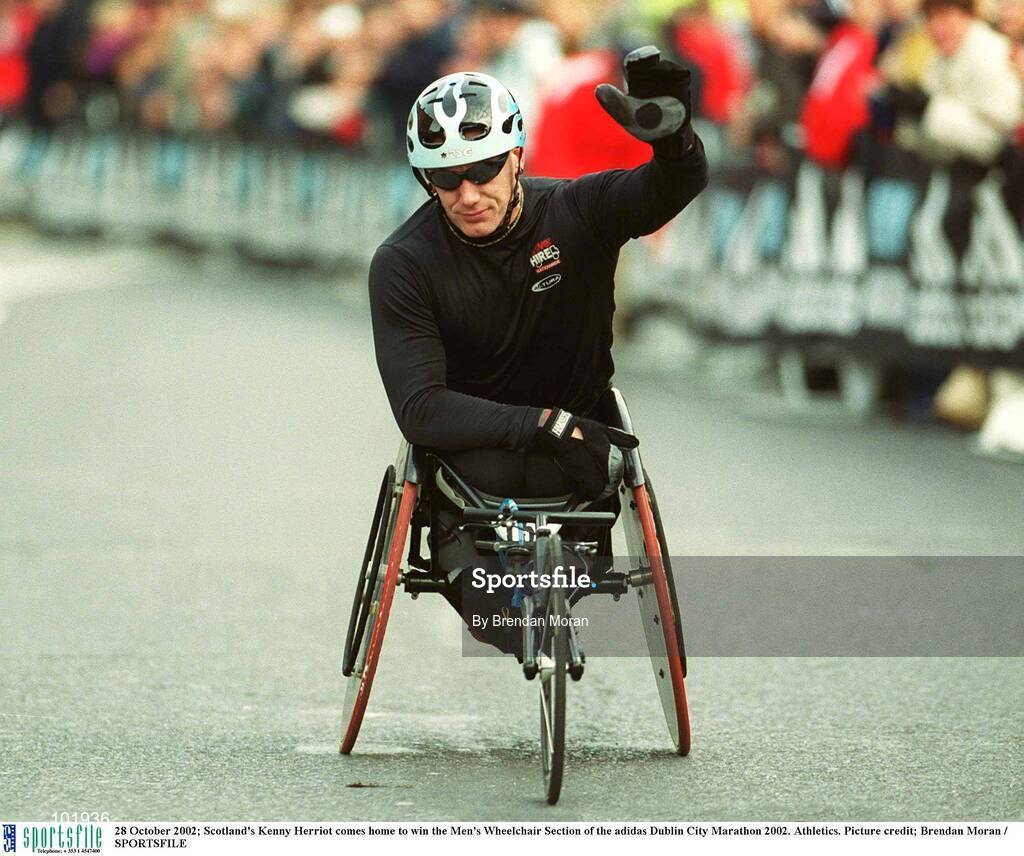 28 October 2002; Scotland's Kenny Herriot comes home to win the Men's Wheelchair Section of the adidas Dublin City Marathon 2002. Athletics. Picture credit; Brendan Moran / SPORTSFILE