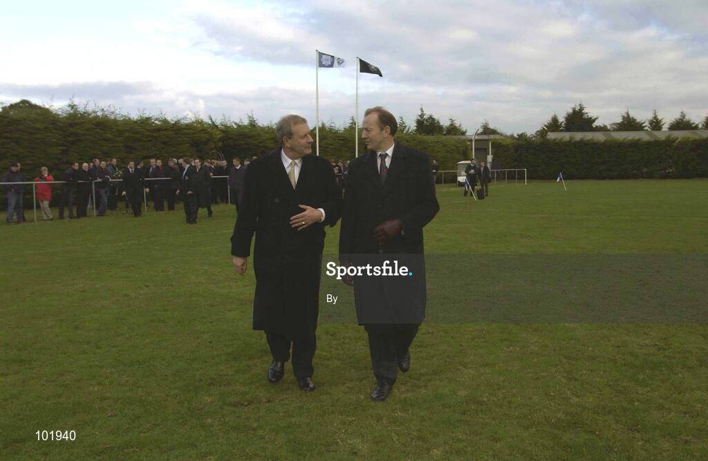 30 October 2002; Garda Commissioner Pat Byrne, left, and Chief Constable of the Police Service of Northern Ireland, Hugh Orde, pictured before a representative Gaelic Football match between An Garda Siochana and the Police Service of Northern Ireland at the Westmanstown Sports Centre, Westmanstown, Co. Dublin. Picture credit; Brendan Moran / SPORTSFILE *EDI*