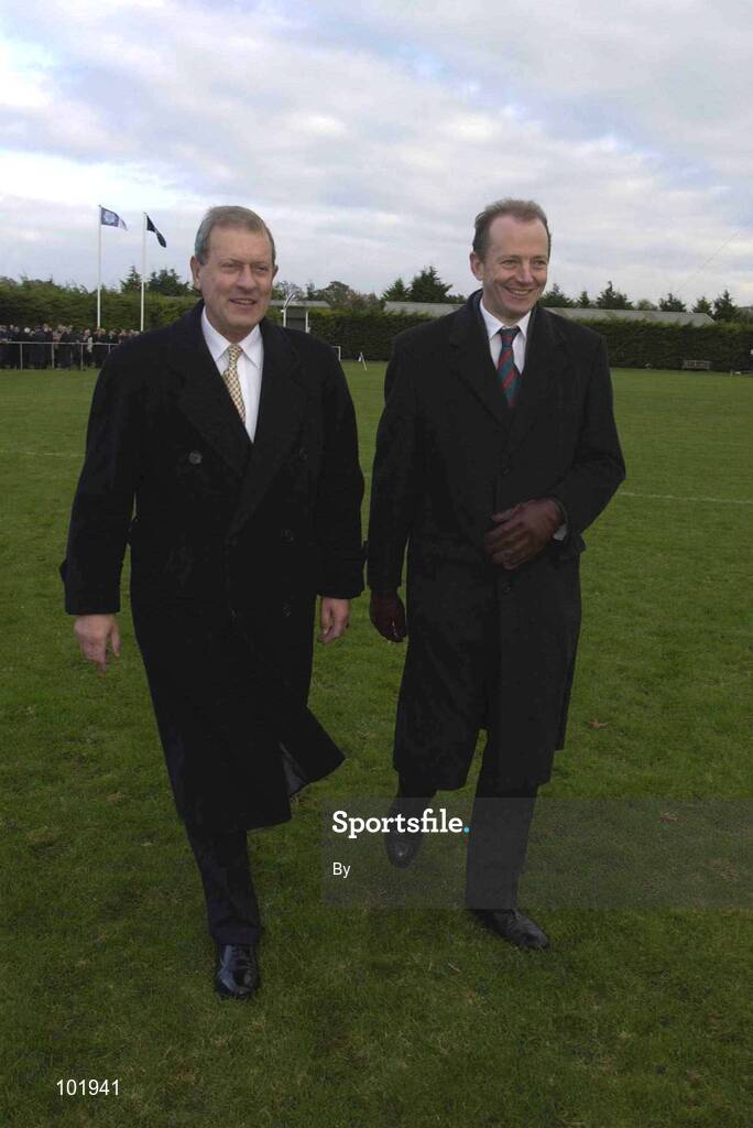 30 October 2002; Garda Commissioner Pat Byrne, left and Chief Constable of the Police Service of Northern Ireland, Hugh Orde, pictured before a representative Gaelic Football match between An Garda Siochana and the Police Service of Northern Ireland at the Westmanstown Sports Centre, Westmanstown, Co. Dublin. Picture credit; Brendan Moran / SPORTSFILE *EDI*