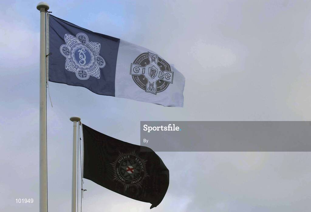 30 October 2002; The flags of the two law enforcement services, An Garda Siochana and the Police Service of Northern Ireland, pictuired before a representative Gaelic Football match between the two sides at the Westmanstown Sports Centre, Westmanstown, Co. Dublin. Picture credit; Brendan Moran / SPORTSFILE *EDI*