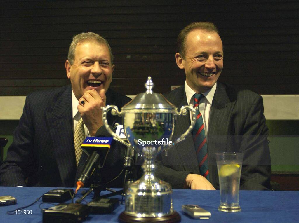 30 October 2002; Garda Commissioner Pat Byrne, left and the Chief Constable of the Police Service of Northern Ireland Hugh Orde pictured at a press conference after a representative Gaelic Football match between An Garda Siochana and the Police Service of Northern Ireland at the Westmanstown Sports Centre, Westmanstown, Co. Dublin. Picture credit; Brendan Moran / SPORTSFILE *EDI*