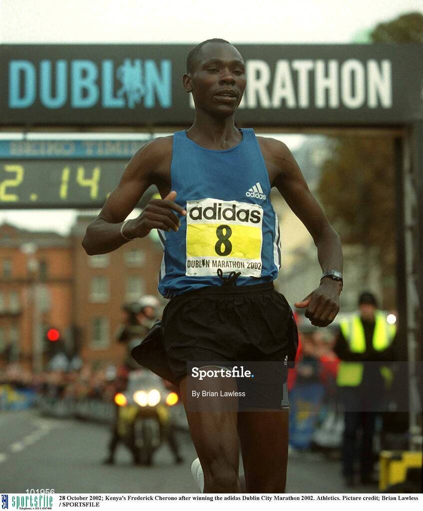 28 October 2002; Kenya's Frederick Cherono after winning the adidas Dublin City Marathon 2002. Athletics. Picture credit; Brian Lawless / SPORTSFILE