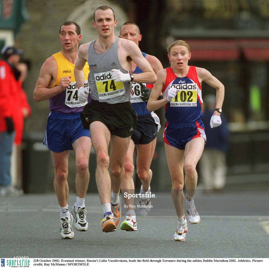 228 October 2002; Eventual winner, Russia's Lidia Vassilevskaia, leads the field through Terenure during the adidas Dublin Marathon 2002. Athletics. Picture credit; Ray McManus / SPORTSFILE