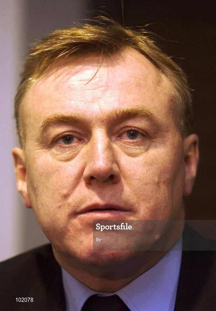 30 October 2002; George Kyne, Chairman of the Garda GAA club, at a press conference after a representative Gaelic Football match between An Garda Siochana and the Police Service of Northern Ireland at the Westmanstown Sports Centre, Westmanstown, Co. Dublin. Picture credit; Brendan Moran / SPORTSFILE *EDI*