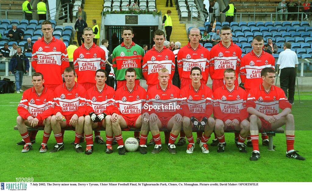 7 July 2002; The Derry minor team. Derry v Tyrone, Ulster Minor Football Final, St Tighearnachs Park, Clones, Co. Monaghan. Picture credit; David Maher / SPORTSFILE