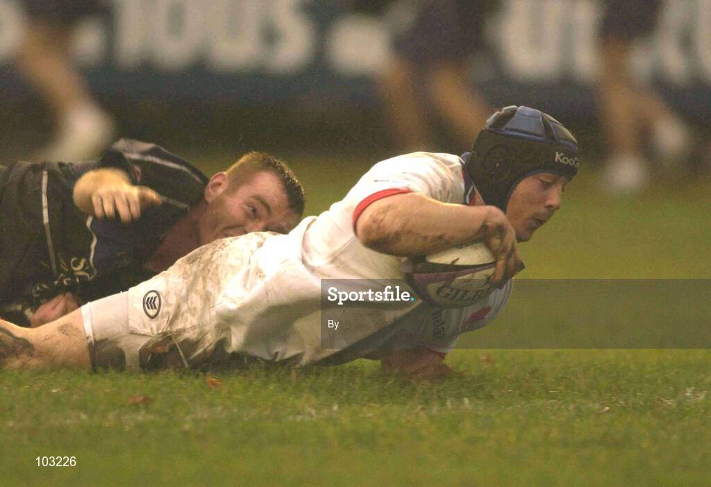 30 November 2002; Ulster's Paul Shields crosses the line to score his sides first try against Glasgow. Celtic League Quarter Final, Glasgow v Ulster, Hughenden, Glasgow, Scotland. Rugby. Picture credit; Brendan Moran / SPORTSFILE *EDI*