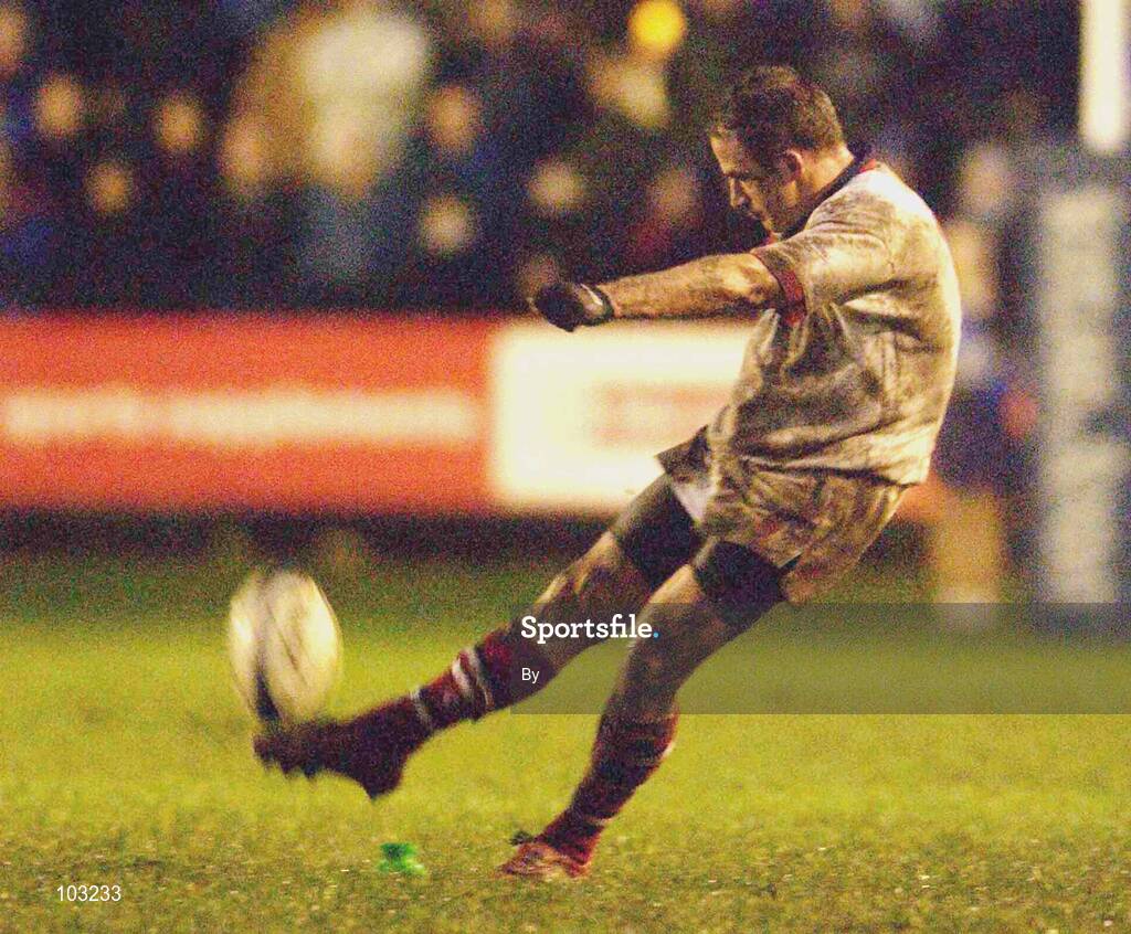 30 November 2002; Ulster's David Humphreys kicks, what proved to be the winning score, from a penalty. Celtic League Quarter Final, Glasgow v Ulster, Hughenden, Glasgow, Scotland. Rugby. Picture credit; Brendan Moran / SPORTSFILE *EDI*