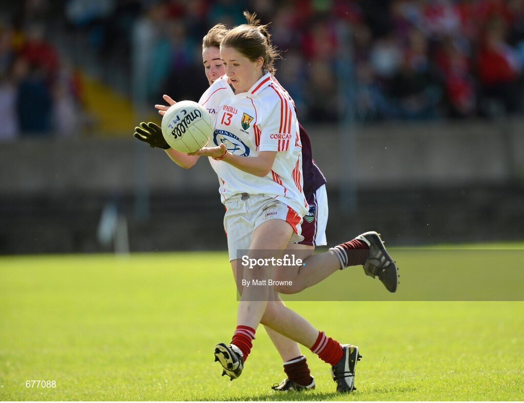 25 August 2012; Eimear Scally, Cork, in action against Nicola Ward, Galway. All Ireland U16 ‘A’ Championship Final, Cork v Galway, MacDonagh Park, Nenagh, Co. Tipperary. Picture credit: Matt Browne / SPORTSFILE