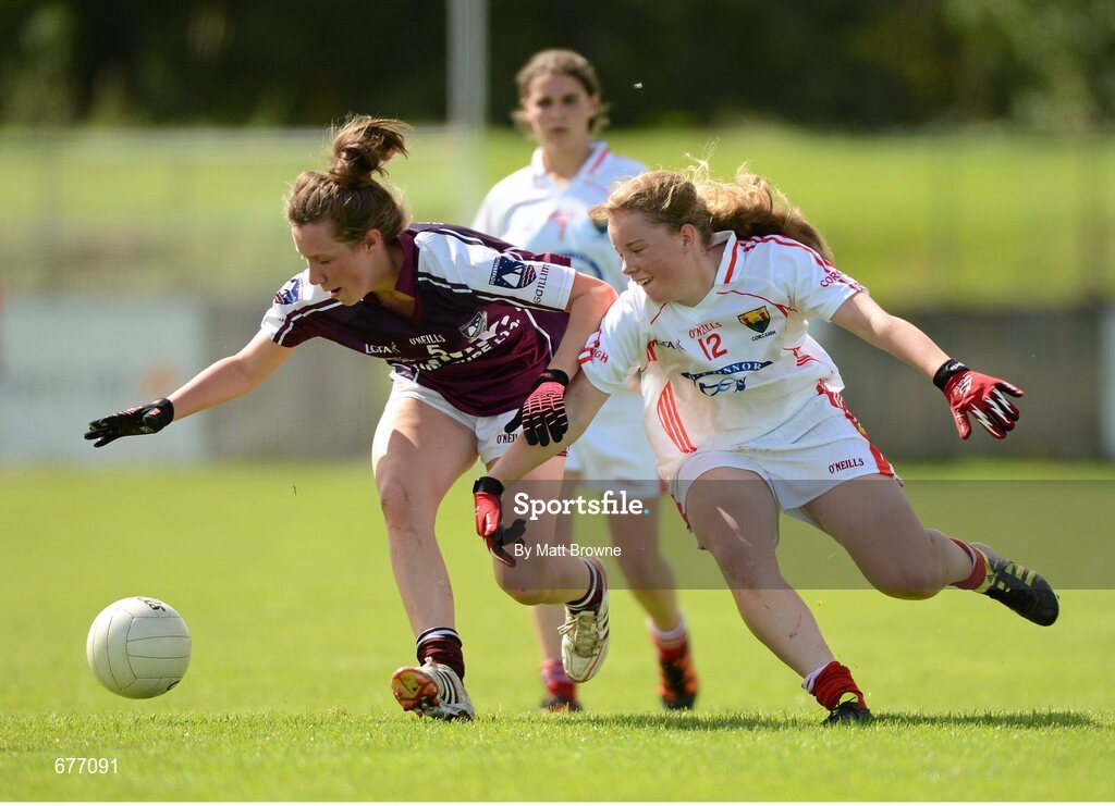 25 August 2012; Megan Glynn, Galway, in action against Ailbhe Dowling, Cork. All Ireland U16 ‘A’ Championship Final, Cork v Galway, MacDonagh Park, Nenagh, Co. Tipperary. Picture credit: Matt Browne / SPORTSFILE