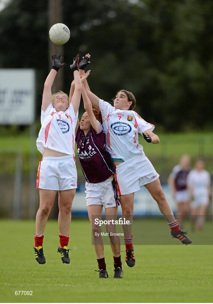 25 August 2012; Ailbhe Dowling and Jessica Tonks, Cork, in action against Olivia Divilly, Galway. All Ireland U16 ‘A’ Championship Final, Cork v Galway, MacDonagh Park, Nenagh, Co. Tipperary. Picture credit: Matt Browne / SPORTSFILE