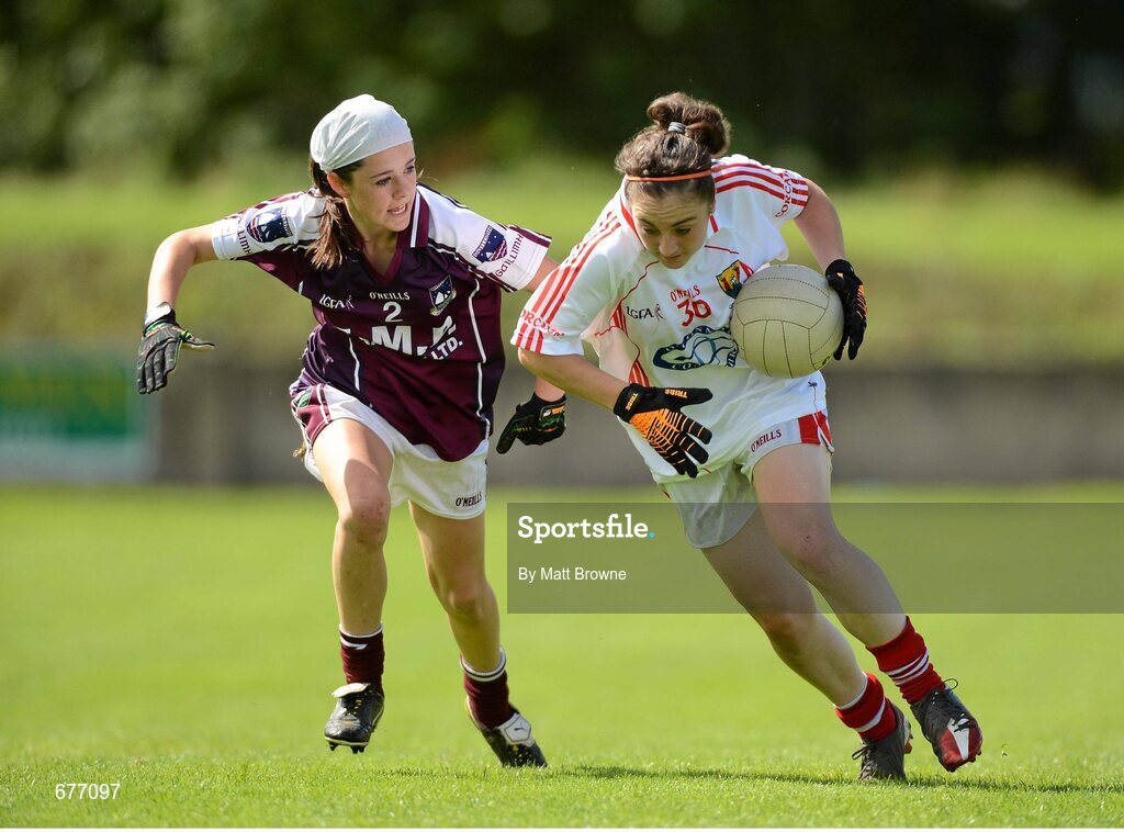 25 August 2012; Amy O'Connor, Cork, in action against Shauna Hynes, Galway. All Ireland U16 ‘A’ Championship Final, Cork v Galway, MacDonagh Park, Nenagh, Co. Tipperary. Picture credit: Matt Browne / SPORTSFILE