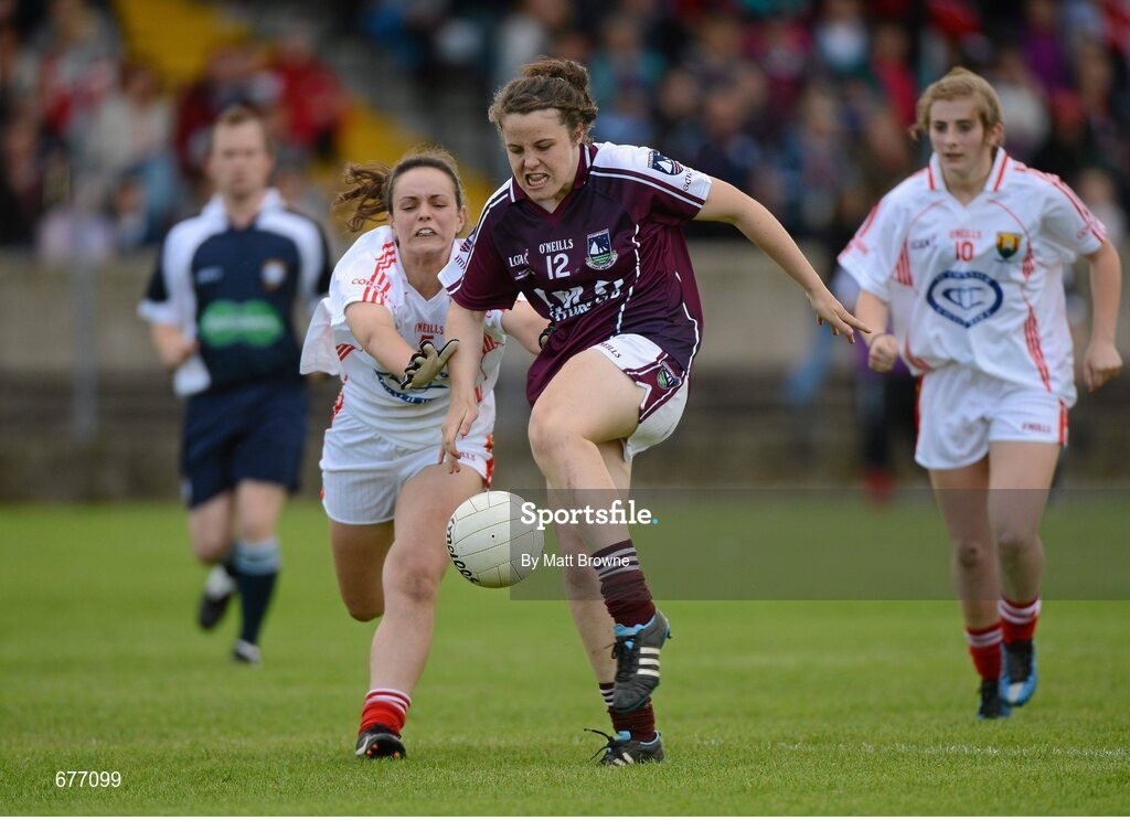 25 August 2012; Ciara Burke, Galway, in action against Ciara O'Rourke, Cork. All Ireland U16 ‘A’ Championship Final, Cork v Galway, MacDonagh Park, Nenagh, Co. Tipperary. Picture credit: Matt Browne / SPORTSFILE