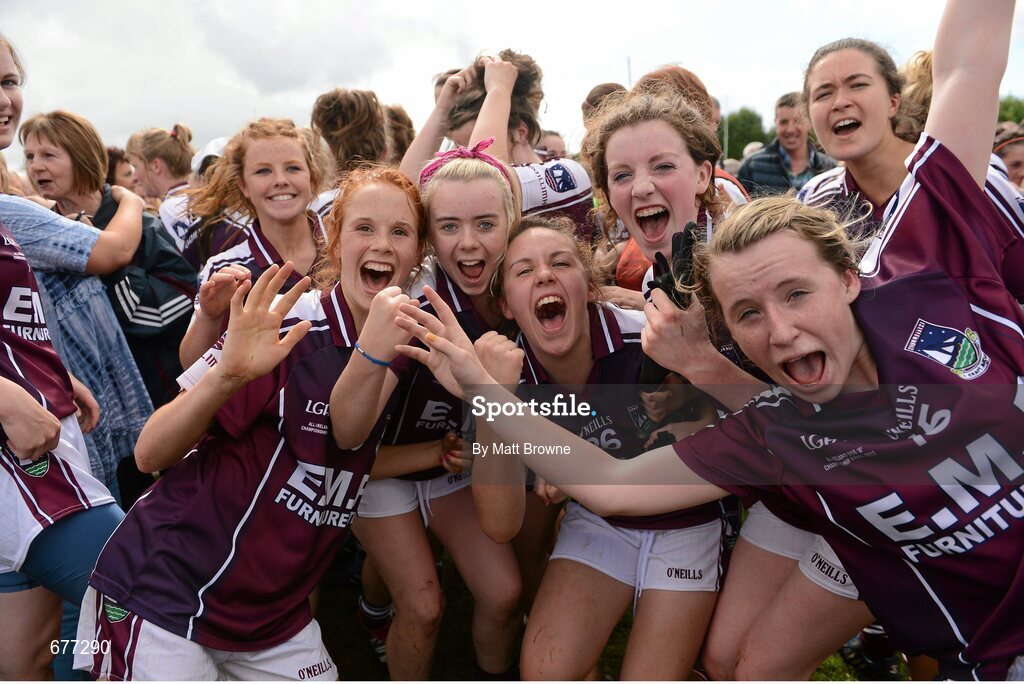 25 August 2012; Galway players, from left, Olivia Divilly, Roisin Holland, Ailbhe Mahoney, Megan Kelly and Emma Reaney celebrate after the game. All Ireland U16 ‘A’ Championship Final, Cork v Galway, MacDonagh Park, Nenagh, Co. Tipperary. Picture credit: Matt Browne / SPORTSFILE